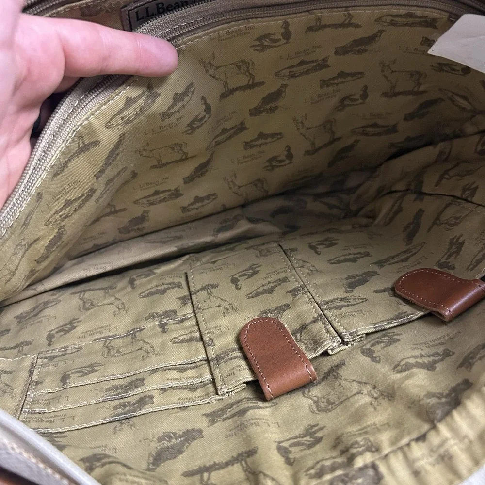 LL Bean Beige 23in Canvas Mens Tote Bag Leather Trim Travel Weekend Work